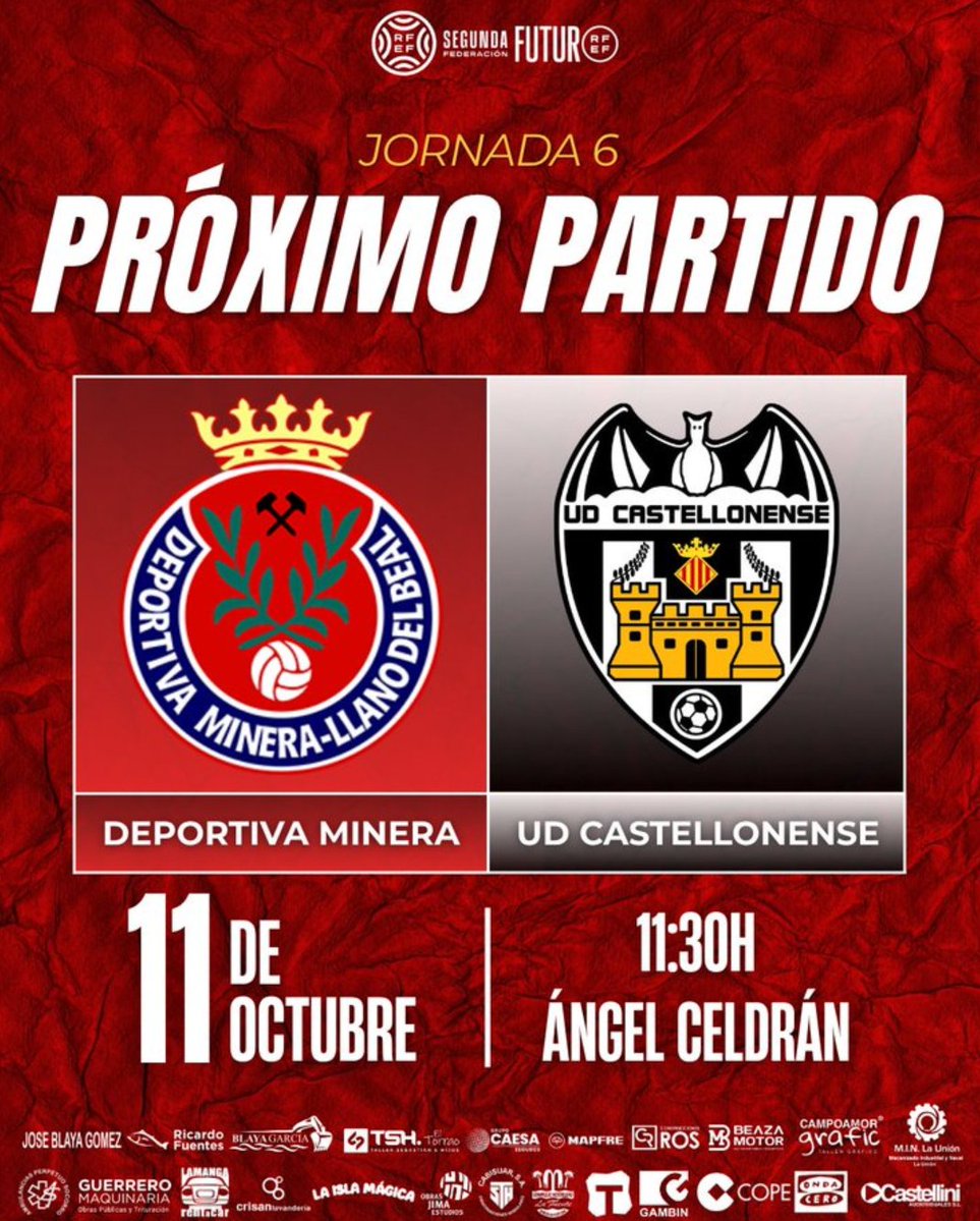 JosemiJose6's tweet photo. #INFO 📰 #SegundaRFEF 🇪🇦 || Jornada 6 || Los chicos de IÑAKI RODRÍGUEZ visitan @DeportivaMinera este #Domingo || 11:30⌚ #Minera
#100AñosPicandoAlto
Minera D11:30 @castellonense_
#RegiondeMurcia
#ComunidadValenciana https://t.co/qNBfW6EEmy