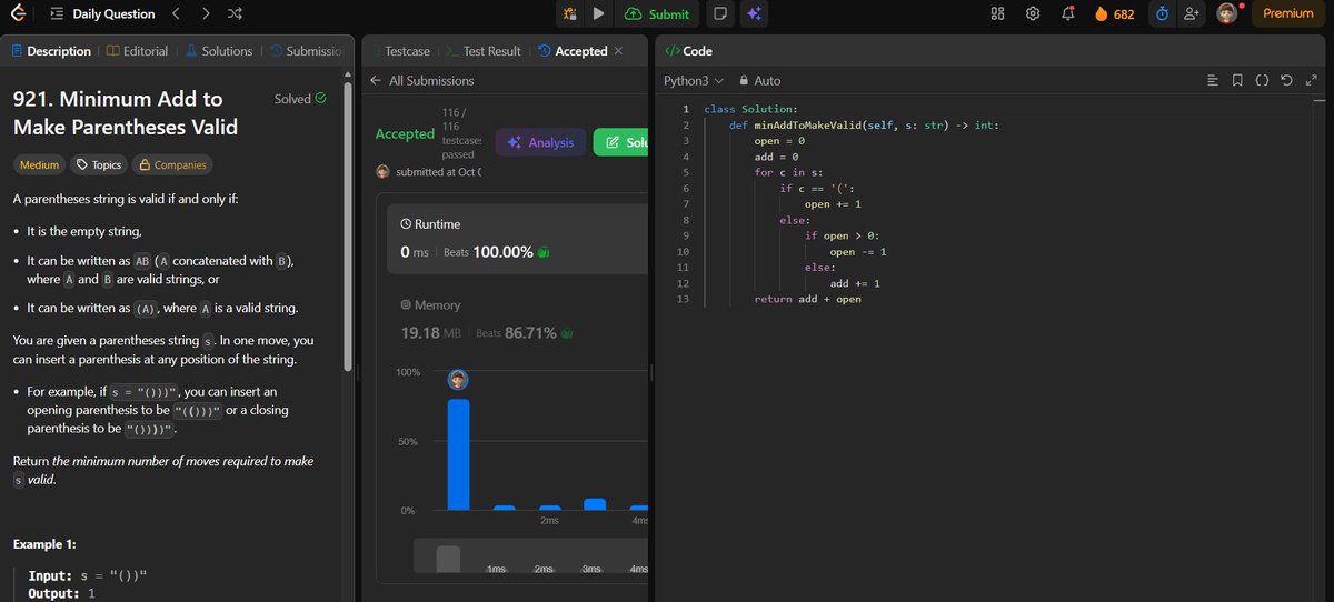 akashasahu07's tweet photo. Day - 682
Solved a greedy parentheses problem today ⚡
Tracked the balance to count unmatched brackets and find the minimum insertions needed for a valid string.
#1000DaysOfCode #LeetCode #DSA #Python #Greedy https://t.co/jrYDcPDe3D