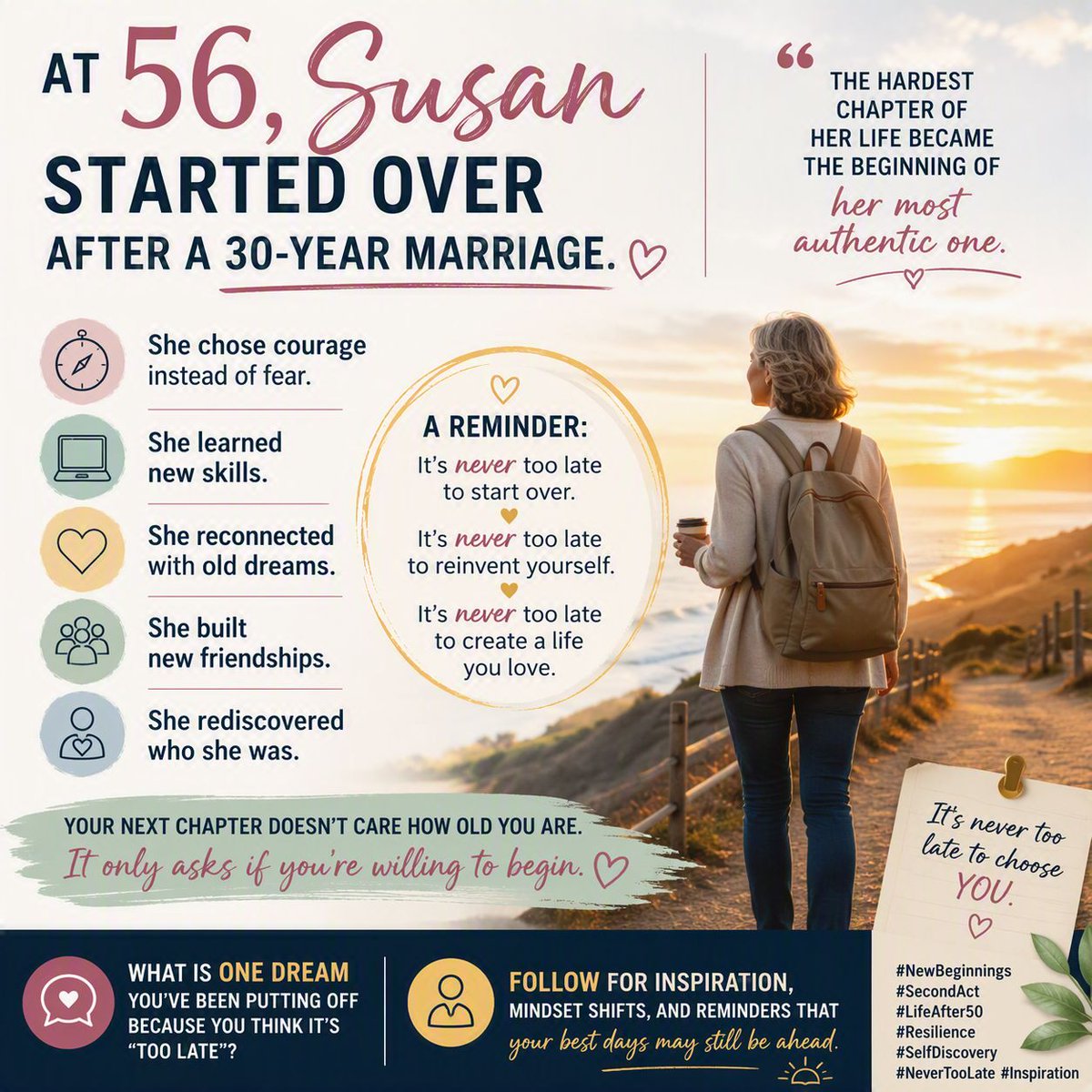 irene1150's tweet photo. At 56, Susan found herself facing a reality she never expected.

After three decades of marriage, she had to rebuild her life from the ground up.

No roadmap. No guarantees. No certainty about what came next.

But instead of letting fear write her story, she chose courage. https://t.co/6vTQQfLe2O