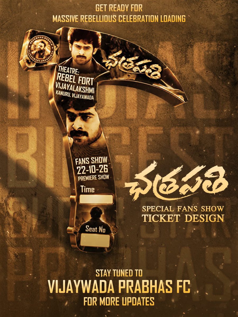 ivdsai's tweet photo. Bezawada is going to witness the never before carnage for a re-release 💥🦖

Here is our Chatrapathi Ticket Design to celebrate the Birthday of Our Own India's Biggest Superstar Prabhas anna birthday on October 23rd, Gear UP For REBELlious Celebrations By @VJYPrabhasFC

#Prabhas #Chatrapathi4K