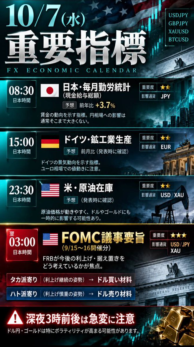 wranglerFX's tweet photo. 【本日の重要指標】

08:30  日本・毎月勤労統計（現金給与総額)
円相場への影響は通常そこまで大きくない

15:00  ドイツ・鉱工業生産
ユーロ関連で注目

23:30  米・原油在庫
原油・ドル・ゴールドが一時的に動く可能性あり

翌03:00  FOMC議事要旨 

最重要
FRBが今後の利上げ・据え置きをどう考えているかが焦点
タカ派寄り → ドル買い材料
ハト派寄り → ドル売り材料
ドル円・GOLDは特に注意