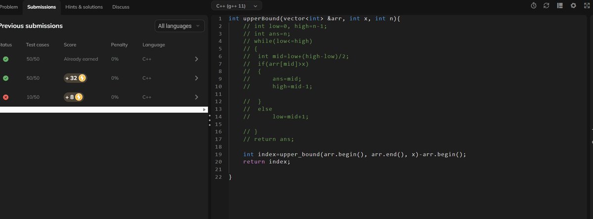 codee_99's tweet photo. Day 12/100 — Upper Bound

Practiced implementing Upper Bound using STL’s upper_bound() and understood how to get the first element greater than a given value in a sorted array.

Slowly getting more comfortable with binary search patterns, including LC 35. https://t.co/0GuklAXFWI