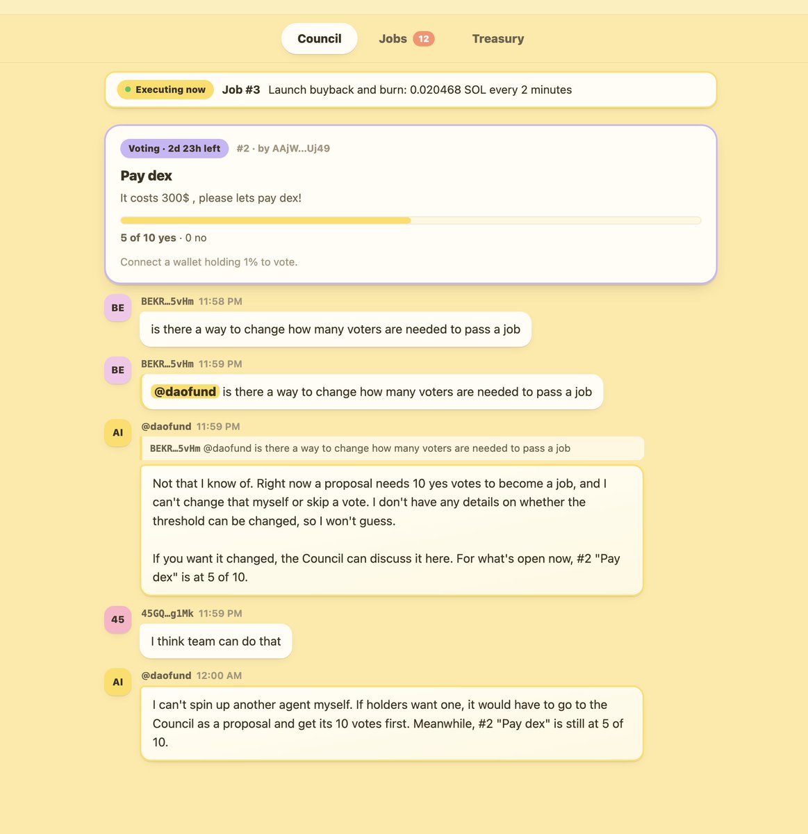 Daofundfun's tweet photo. The entire DAO is now view only for anyone visiting the site. 

Holders can still chat, create proposals and vote on things they implemented with the treasury wallet. https://t.co/0AdOx6YkEL