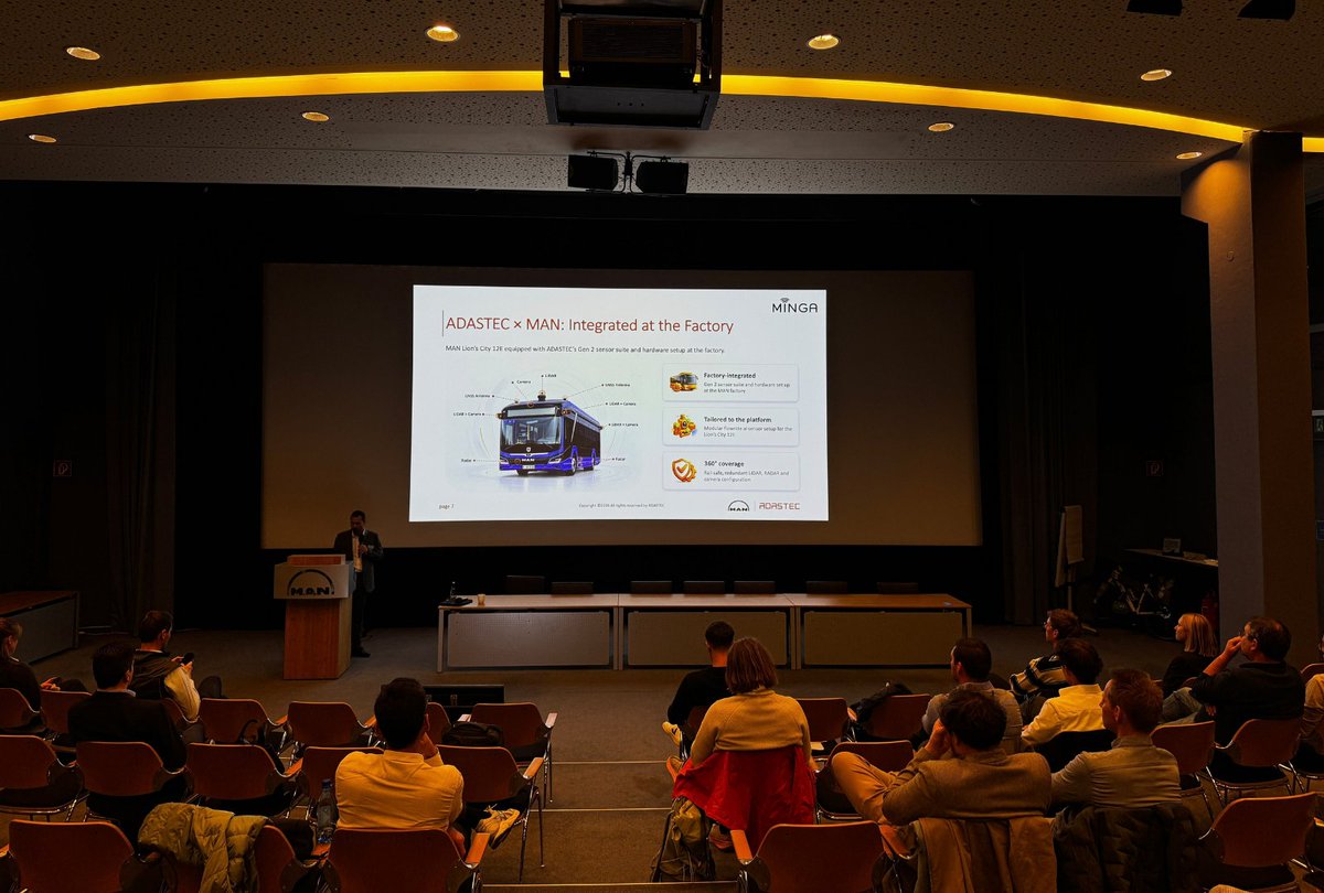 AdastecCorp's tweet photo. Two days focused on automated mobility in Munich. 🇩🇪
 
On September 23–24, #MINGA project partners came together for a two-day consortium workshop in Munich. The program covered progress across different areas of the project, including technical and operational developments, research activities and the next stages of MINGA.
 
As part of the workshop, Görkem Şahinkaya, OEM and Hardware Engineering Director at ADASTEC, presented ADASTEC’s contribution to the project and shared insights with consortium partners. Within MINGA, the MAN Lion’s City 12 E automated by ADASTEC will be tested on an existing public transport route in Munich.
 
The second day also included a demonstration at MAN’s test track, where consortium partners had the opportunity to see the MAN Lion’s City 12 E, automated by ADASTEC, in operation and experience automated driving firsthand.
 
The automated MAN Lion’s City 12 E will operate on MVG Line 178 between Petuelring and Freimanner Hölzl, bringing automated driving technology into Munich’s public transport environment.
 
Thank you to the MINGA project partners for the valuable discussions and exchange throughout the workshop, including the City of Munich Mobility Department, Stadtwerke München GmbH, MVG and MAN Truck & Bus SE.
 
The MINGA project is being funded with approximately 13 million euros through mid-2027 by the Federal Ministry of Transport (BMV) under the funding guideline “Autonomous and Connected Driving in Public Transportation. 

More information can be found at the link below.
https://t.co/q3FJHxy0n8.
 
#MINGA #AutomatedDriving #AutomatedBus #PublicTransport #MAN