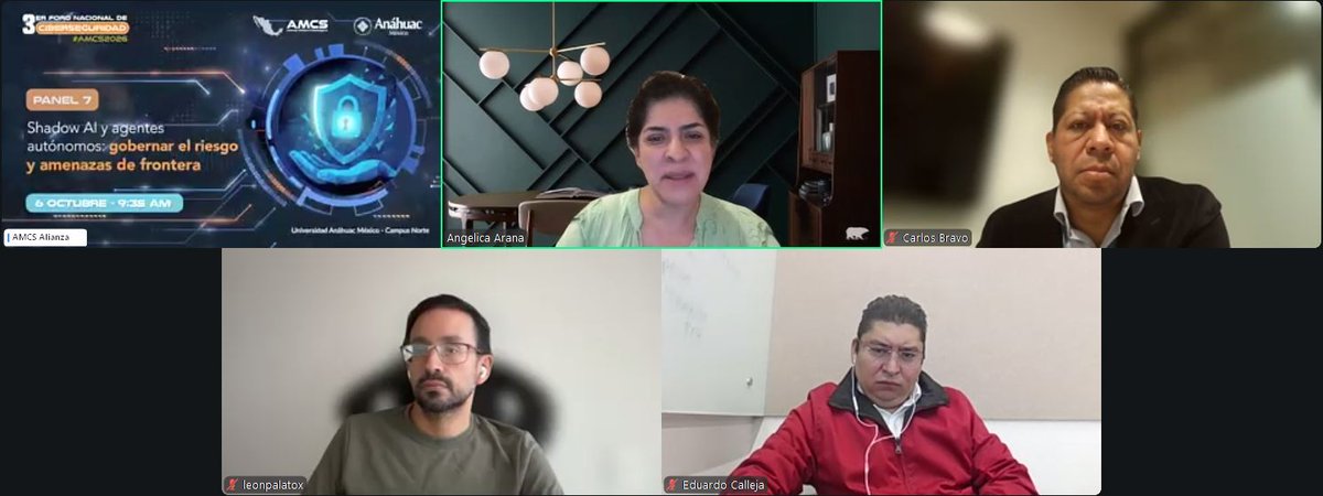 AMCS_ORG's tweet photo. 🤖 Así vivimos el Panel 7 de #AMCS2026: “Shadow AI y agentes autónomos”.
Gracias a Leon Palafox, Eduardo Calleja, Carlos Bravo y Angélica Arana por compartir sus perspectivas sobre IA, gobernanza y riesgos emergentes.
🔐 ¡Continuamos con el Día 2! https://t.co/2BIUSpUs0W