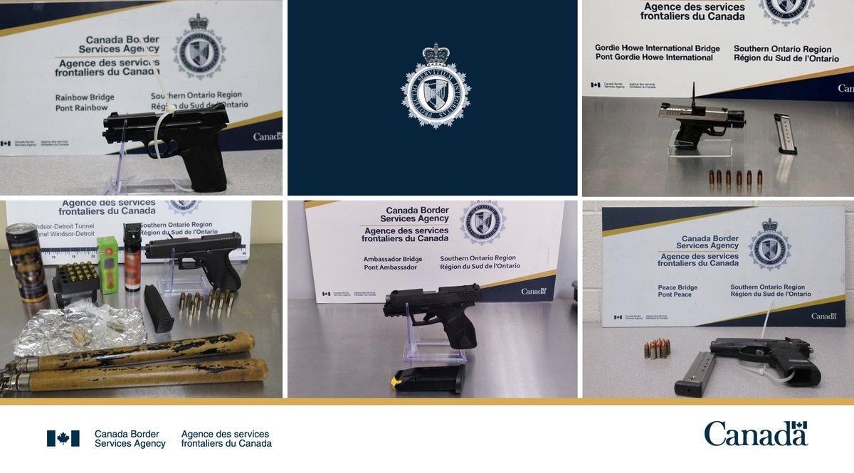 CanBorder's tweet photo. The #CBSA is #ProtectingCanadians by stopping weapons at the border. In 8 days, officers in #SouthernOntario seized 10 illegally imported firearms, 8 magazines, 3 prohibited weapons &amp; 67 rounds of ammunition from U.S. residents entering Canada. https://t.co/dwT1rWvlAW