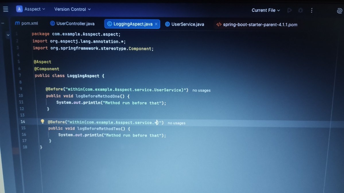 SwainShubh's tweet photo. ๐ Day 116 of #Java
Todayโs deep dive: Spring AOP Pointcut Designators ๐งฉ
Learned how to target specific join points using:
โ
execution
โ
within
โ
bean
โ
@annotation
โฆand more!
Slowly turning the AOP puzzle into a picture ๐ง
#SpringBoot #JavaDeveloper #LearningInPublic https://t.co/8sem4OX6Jn