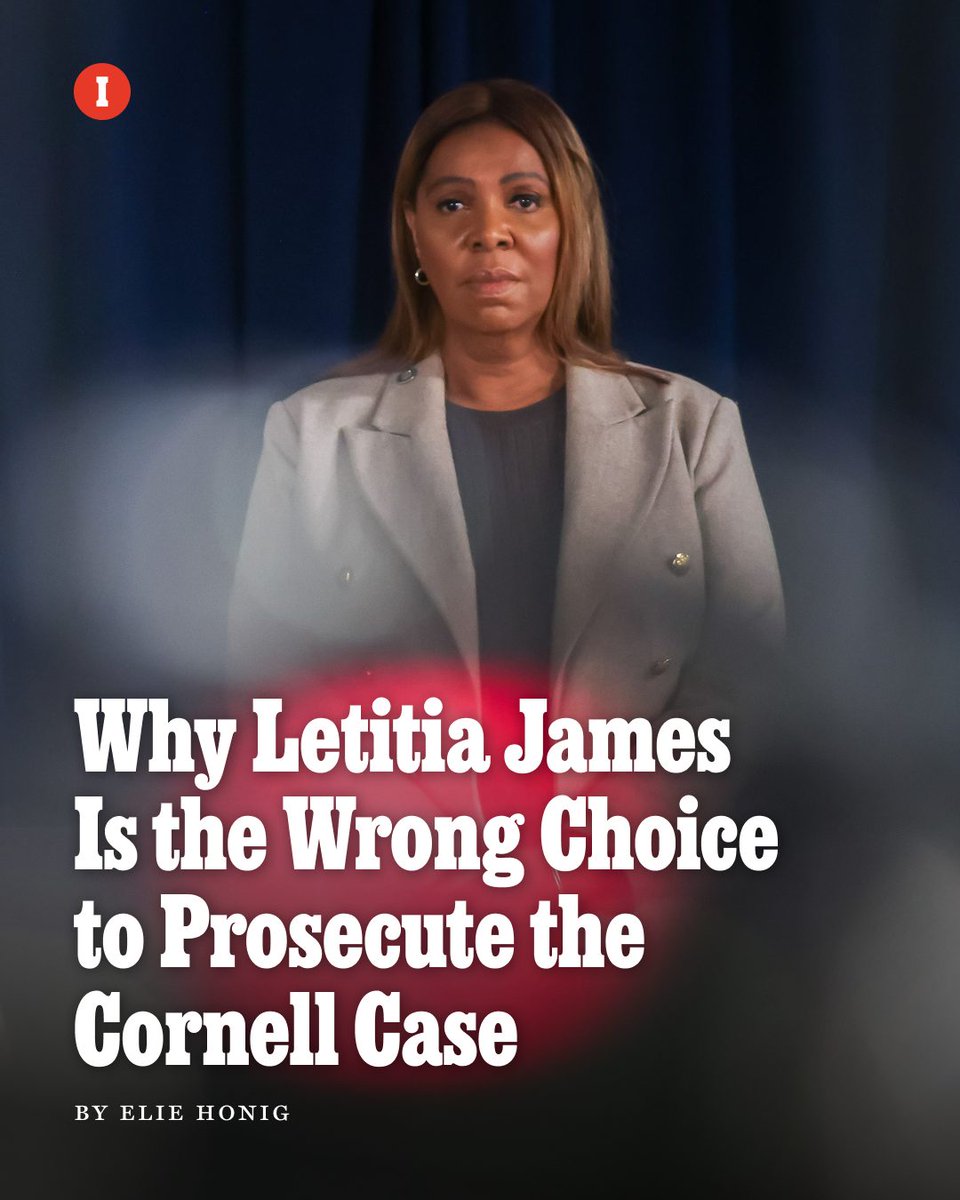 NYMag's tweet photo. While an alleged sexual assault at Cornell University has ignited intense public debate, this much is beyond meaningful dispute: Tompkins County district attorney Matthew Van Houten had to go. And although New York governor Kathy Hochul was right to seek a replacement prosecutor, she has made a grievous mistake with the appointment of Attorney General Letitia James, writes legal columnist Elie Honig.

Van Houten thoroughly botched the initial investigation of an allegation by a Cornell student, Jane Doe, that she was raped by seven men in a fraternity house in October 2024. As Van Houten has acknowledged, he based his initial non-prosecution decision on one document: a six-page summary of a statement Jane Doe gave to the Cornell University Police Department in November 2024. That’s it — that’s everything Van Houten considered. If he had remained on the Cornell case, nobody would have been satisfied in the end.

But on Friday, Hochul somehow made it worse when she announced her decision to appoint James as special prosecutor on the case, writes Honig. James is a deeply problematic selection for the most basic of reasons: She has already publicly prejudged this case. In a September 28 social-media post — four days before her appointment — James declared, “What this young woman has been forced to endure is horrific and unacceptable. I’m holding her in my heart and in my prayers. To her, and to all survivors: you’re not alone. We stand with you.”

“The single most indispensable trait in any prosecutor — especially here, in a politically and emotionally charged case under a national spotlight — is impartiality.”

Read Honig’s full column: https://t.co/X5WBrJ8ZoT