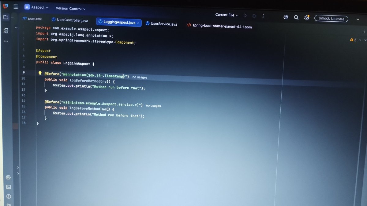 SwainShubh's tweet photo. ๐ Day 116 of #Java
Todayโs deep dive: Spring AOP Pointcut Designators ๐งฉ
Learned how to target specific join points using:
โ
execution
โ
within
โ
bean
โ
@annotation
โฆand more!
Slowly turning the AOP puzzle into a picture ๐ง
#SpringBoot #JavaDeveloper #LearningInPublic https://t.co/8sem4OX6Jn