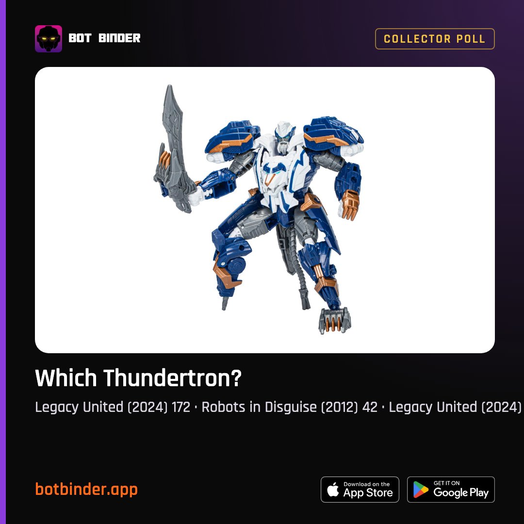 BotBinderApp's tweet photo. Legacy United Thundertron (2024): 172 collectors. Robots in Disguise (2012): 42. Another Legacy United (2024): 21. Three versions, one pirate captain, endless shelf arguments. Which Thundertron is on your shelf?

https://t.co/54P2y9myva
#Transformers https://t.co/ctsCCbO7Qy