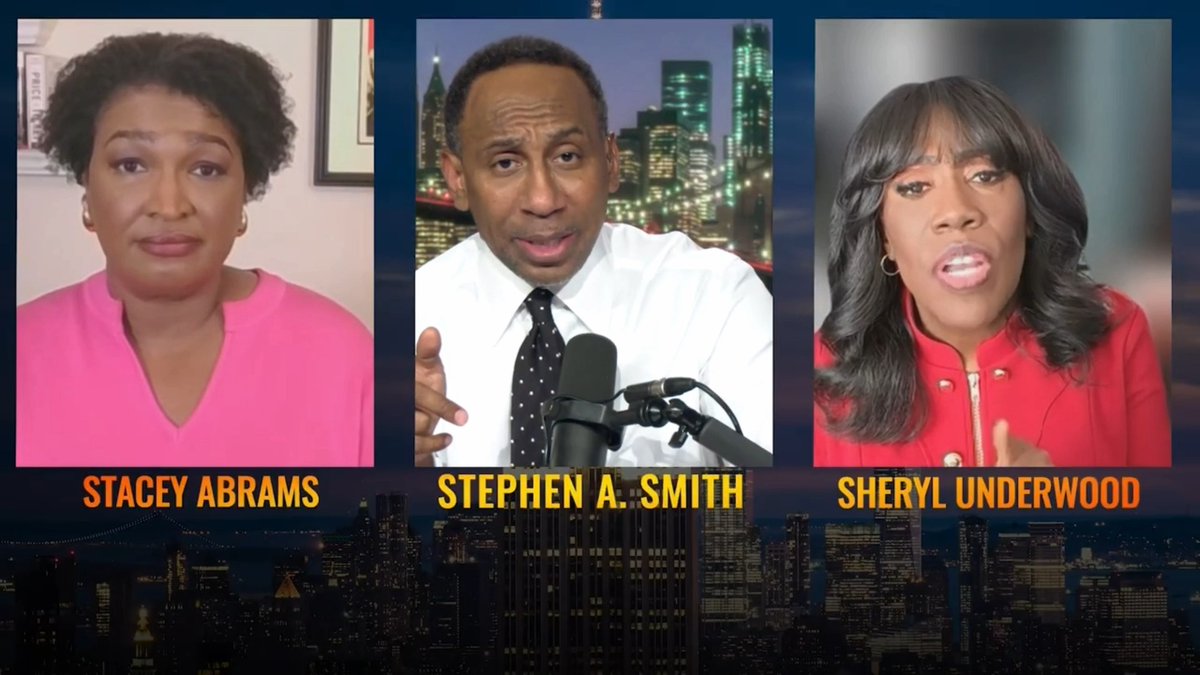 The image shows a split-screen featuring Stacey Abrams, Stephen A. Smith, and Sheryl Underwood with their names displayed below each panel, set against a cityscape backdrop. This appears to be a promotional graphic for a YouTube discussion about which political party should make greater efforts to engage Black voters.
