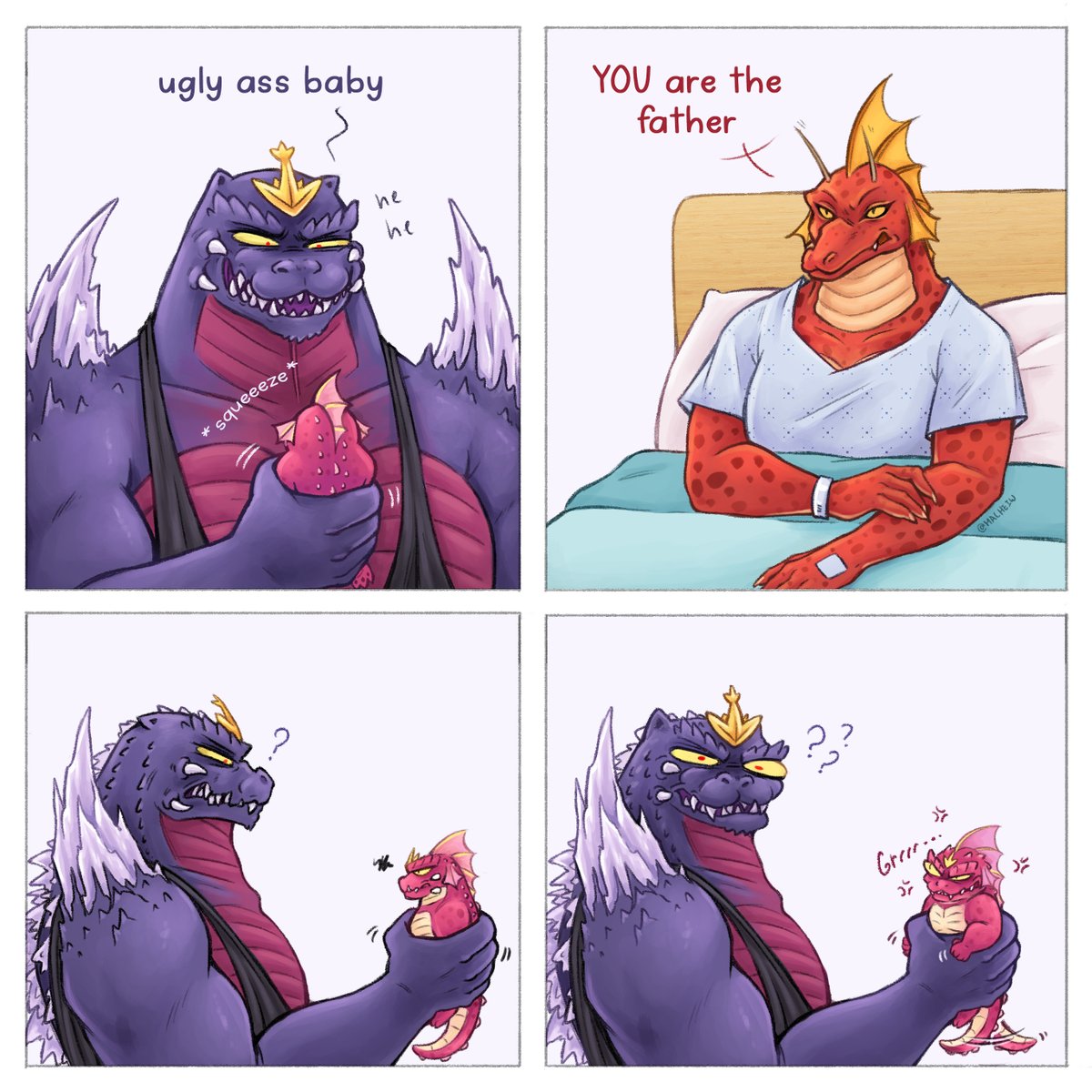 Macheiw's tweet photo. That baby is 0.005 seconds old and it's already plotting revenge against SpaceG for giving her the "ugly" gene  😅

#titanosaurus #SpaceGodzilla #Titanospace (yep, I know this meme is beyond old, but I really wanted a version with these two :3 ) https://t.co/q7Na85QFFf