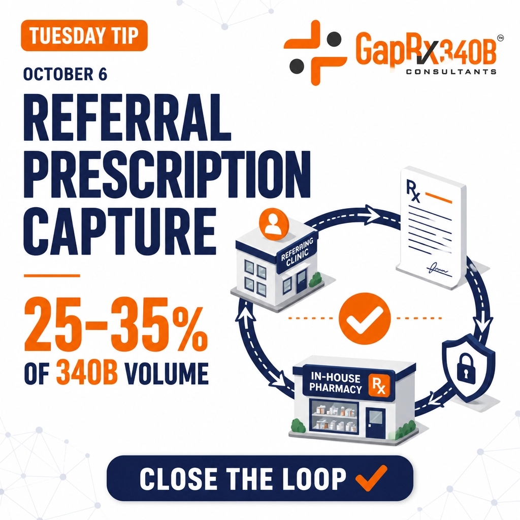 gaprx340b's tweet photo. Tuesday Tip: Referral prescriptions can be 25β35% of your 340B volume. A closed-loop referral log keeps those scripts from leaking to outside pharmacies. GapRx helps. - Purnank Gandhi #ValueCHCs #340B #FQHC #TuesdayTip #CaptureRate #GapRx https://t.co/5soBuZZMCq