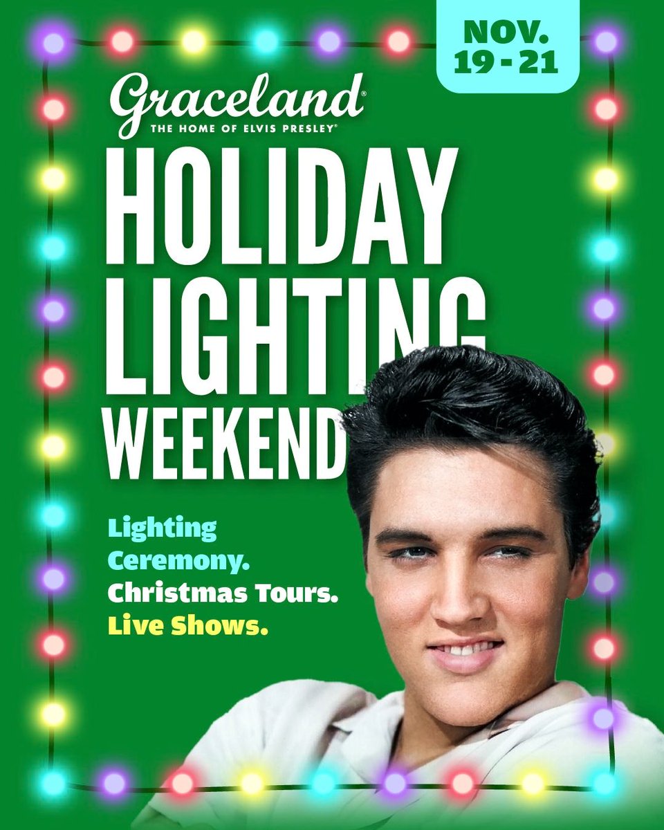 VisitGraceland's tweet photo. Planning a holiday trip to Memphis? 🎄Christmas Tours at Graceland tickets are on sale now. Starting November 19, live guides will lead you through the mansion decorated for the holidays and share stories of what Christmas was like with Elvis. Afternoon Christmas Tours run daily from 3 to 5 PM through December 23, and there are evening Christmas UVIP Tours on select nights.

Mark your calendar for opening weekend too! Holiday Lighting Weekend runs November 19 through 21 and starts with our free Holiday Lighting Ceremony. ⚡

Learn more at https://t.co/G8vYIOfzID