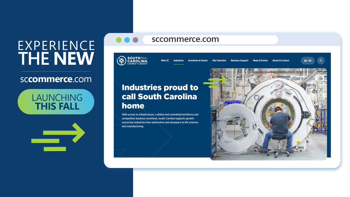SCcommerce's tweet photo. Later this month, S.C. Commerce will launch its redesigned website, featuring the information needed to launch, grow and build a legacy in S.C. 

On the new site, users can explore the state’s industry ecosystem and the resources available to support each sector. https://t.co/RHMMnhVwk5