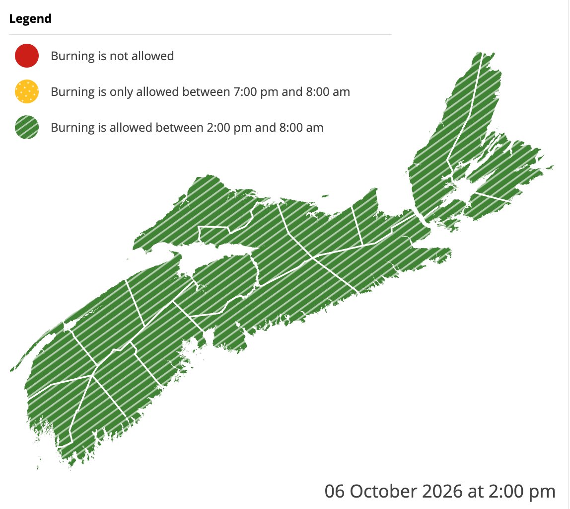 NS_DNR's tweet photo. Burning is not permitted between 8 am and 2 pm.

Check before you burn and know your municipal bylaws.

https://t.co/ei1E0TDQY0 https://t.co/cSCnDVdlLh