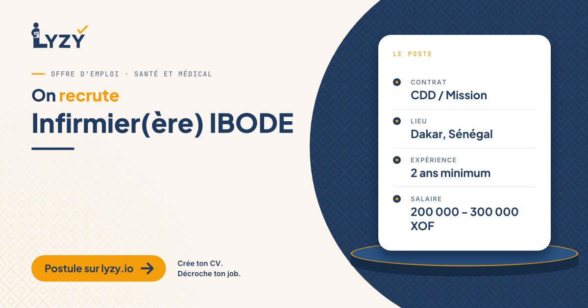 Lyzy_io's tweet photo. Clinique privée à Dakar : recrutement d'un(e) infirmier(ère) IBODE pour le bloc opératoire.
https://t.co/xJdTxtXDGY #Emploi https://t.co/dBMxwYJ2ur