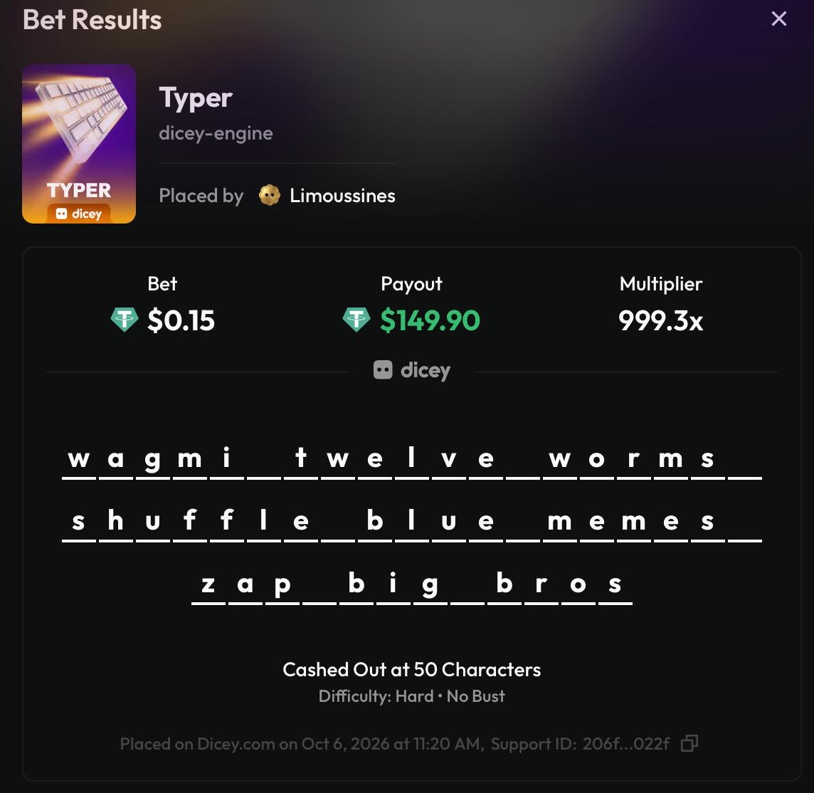 DiceyHQ's tweet photo. Someone put their seedphrase into typer and hit a max win https://t.co/CG5EnIsRtg