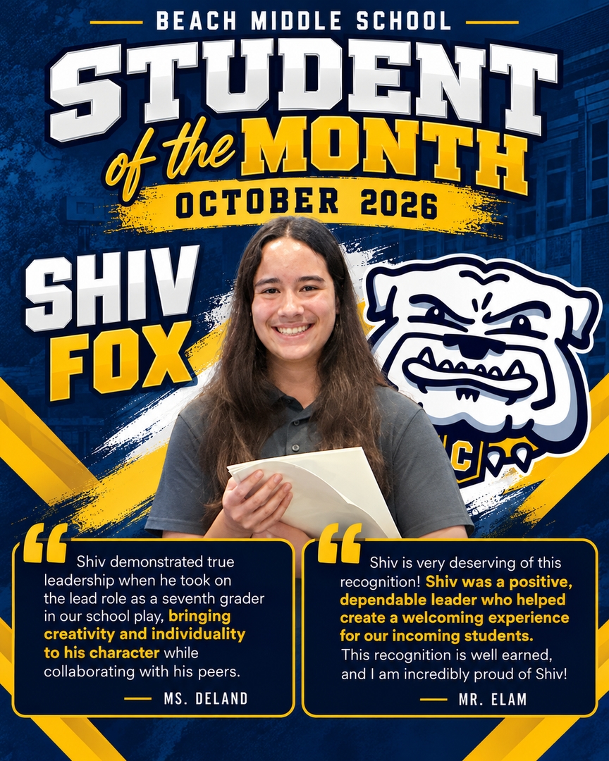 BeachMiddle's tweet photo. Congratulations to Shiv Fox who was chosen as the Student of the Month at Beach Middle School. Shiv was recognized by the CSD Board of Education. https://t.co/odX9SBHxxV