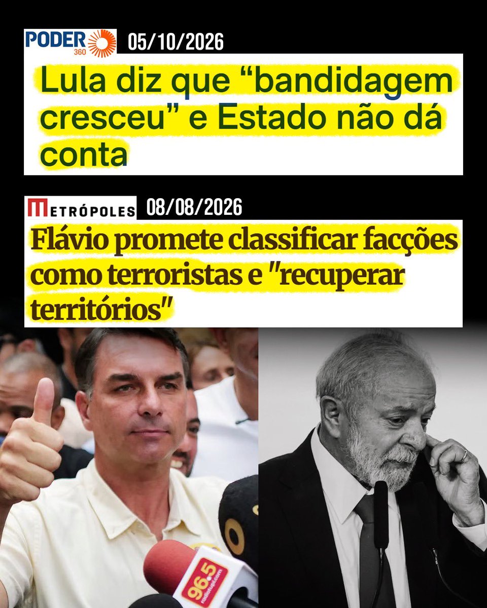 CarlosBolsonaro's tweet photo. De um lado, Lula admite que o Estado não está dando conta do avanço do crime organizado.

Do outro, @FlavioBolsonaro deixa claro o que pretende fazer: enfrentar as facções e declarar guerra ao crime organizado.

O Brasil precisa voltar a ser um país onde quem tem medo é o criminoso, não o cidadão.

Conheça o Plano de Governo do Flávio Bolsonaro : 

📎 https://t.co/bjiGpSJjGE