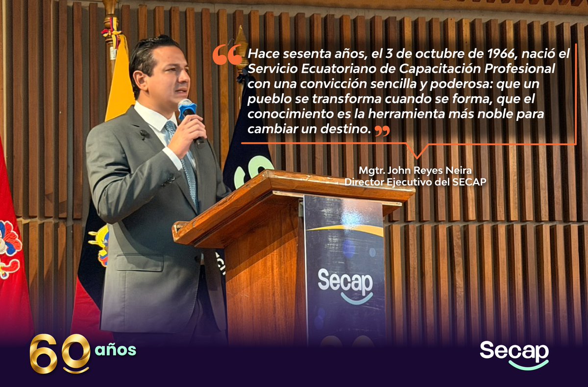 secap_ec's tweet photo. #Secap60Años | 🎙️
En su intervención de bienvenida, el director ejecutivo del @secap_ec , @EcJohnreyesn , recordó el origen de una institución que nació con una convicción que sigue vigente: la formación tiene el poder de transformar vidas y cambiar el futuro del Ecuador. 🇪🇨 https://t.co/smjhxKVIsA