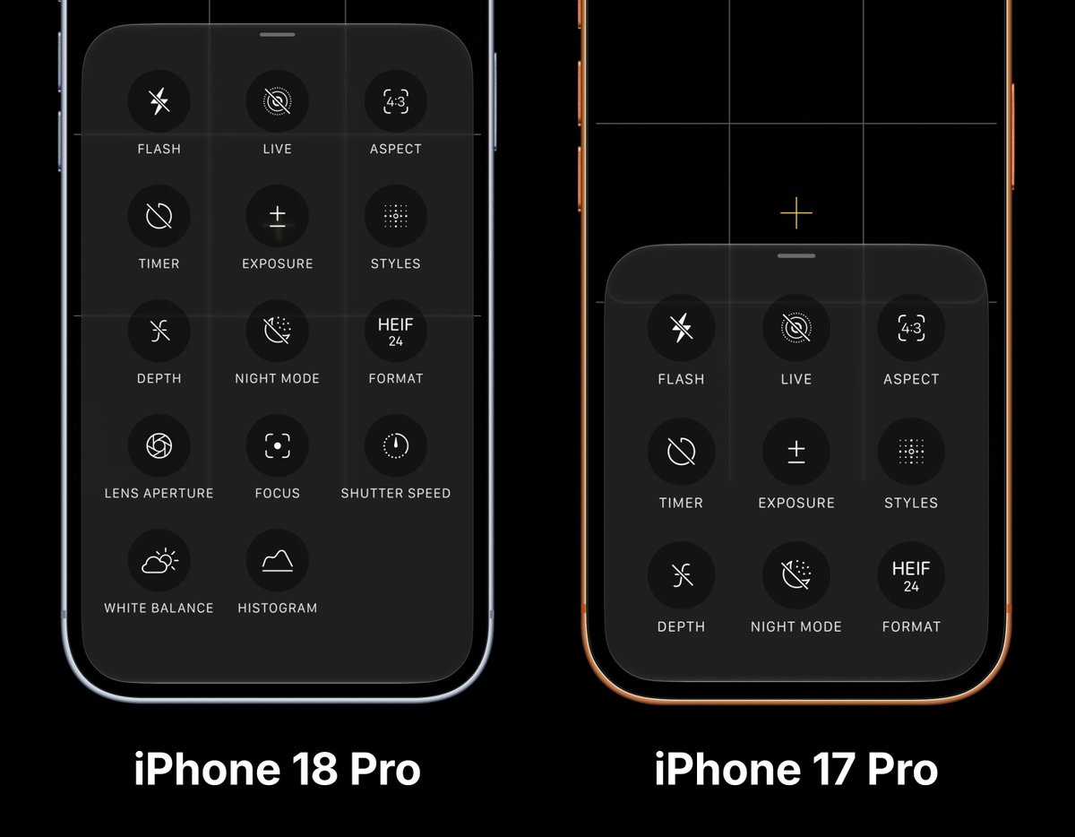 immasiddx's tweet photo. Native camera app controls on the iPhone 18 Pro vs 17 Pro.

Almost all of these could’ve been a software update 😭 https://t.co/EUAoPzqHiz