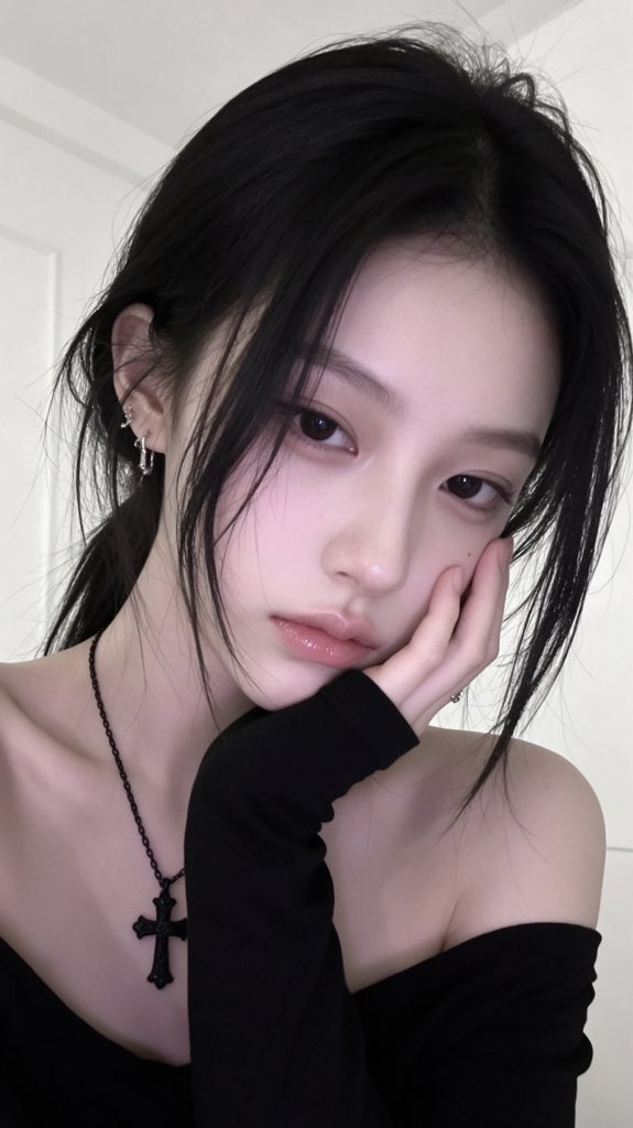 noahvisualsx's tweet photo. 真实手机自拍照片，一位年轻东方女生，黑色长发，微微凌乱的碎发自然垂落在脸侧，冷白皮，精致瓜子脸，小巧下巴，清冷高级感少女；女生穿黑色露肩上衣，黑色长袖遮住部分手掌，佩戴黑色十字架项链和银色耳饰，手轻轻托住脸颊，姿态慵懒，眼神淡淡看向镜头；近距离脸部特写自拍，脸占据画面大部分区域，手机镜头距离很近，轻微广角透视，真实自拍比例；背景为干净白色室内墙面，柔和室内光线，没有明显阴影；整体采用黑白灰低饱和色调，轻微粉紫色调滤镜，韩系网感自拍风格；真实iPhone前置摄像头效果，轻微磨皮但保留皮肤质感，眼睛有自然高光，嘴唇有透明水光感，发丝细节丰富；日常随手拍，没有商业摄影感，真实社交媒体自拍照片。