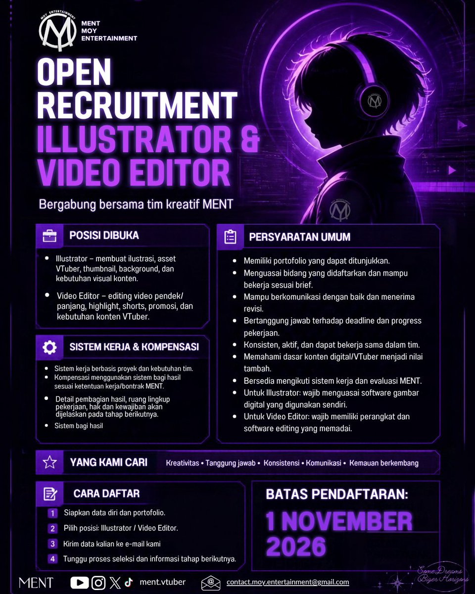 ment_vtuber's tweet photo. 🔮 MENT OPEN RECRUITMENT
MENT — Moy Entertainment membuka recruitment untuk:
🎨 Illustrator
🎬 Video Editor
✦ 100% online / remote
✦ Sistem bagi hasil
✦ Gratis, tanpa biaya pendaftaran

📩 CV &amp; Portofolionya kirim ke email
#MENT #MoyEntertainment #VTuber #Recruitment #VTuberID https://t.co/RCDIby5e0w