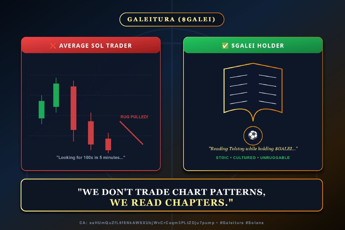 galeituratoken's tweet photo. In a market full of 5-minute rugs and panicked candle-watchers, $GALEI chooses culture
over chaos. 📚⚽
Inspired by Gustavo Scarpa's reading movement: Proof of Reading > Proof of Hype.
"We don't trade chart patterns, we read chapters."

#GALEI #Galeitura #Solana #CryptoBooks https://t.co/Oem814G1QP