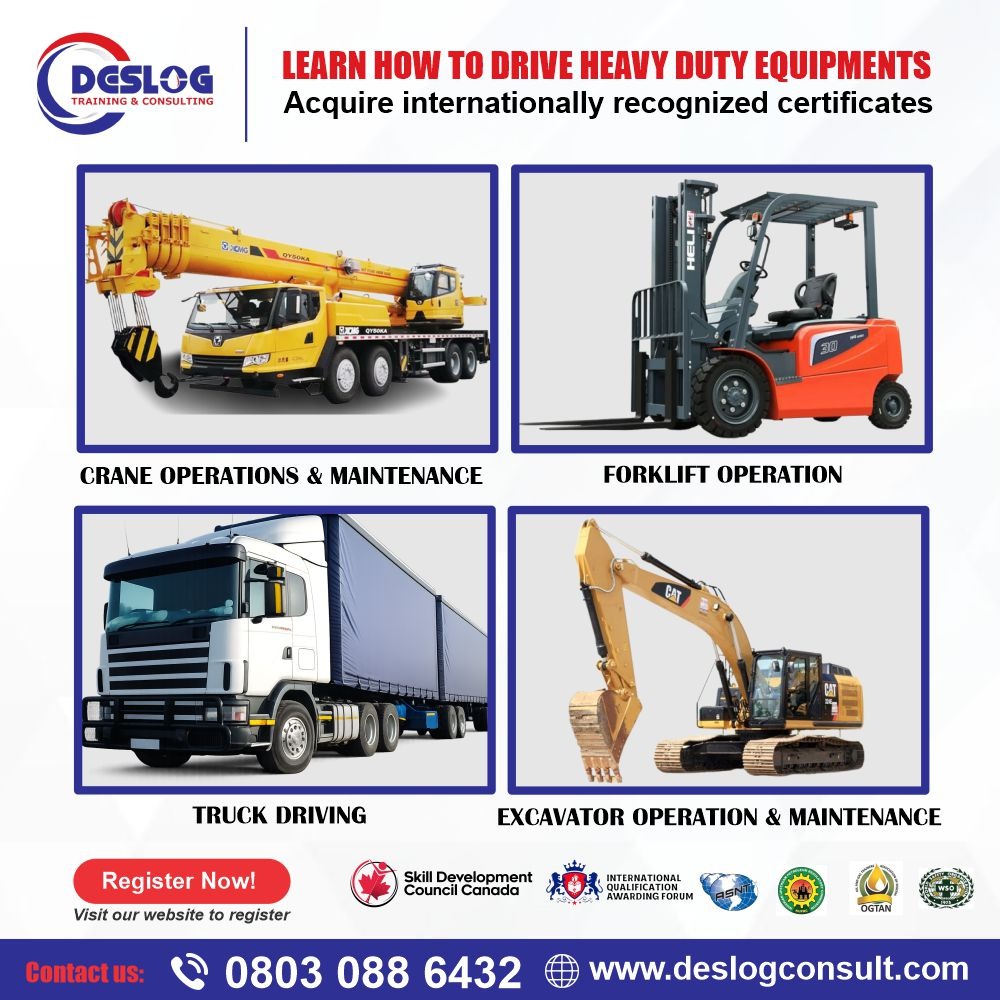 deslogtraining's tweet photo. BUILD PRACTICAL SKILLS FOR CAREER OPPORTUNITIES IN NIGERIA AND ABROAD!

Train with Deslog in Forklift, Crane Operation, Excavator, Truck driving &amp; more

- Hands-on training
- Internationally recognized  Certifications
- Free accommodation in PH &amp; Lagos

Call/WhatsApp: 08039676125