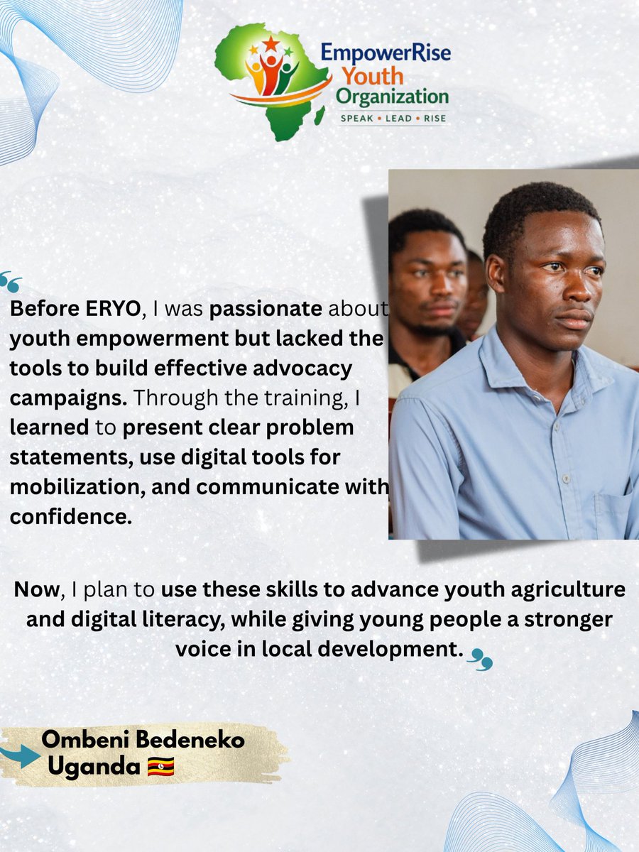 EmpowerRise1's tweet photo. Meet Ombeni Bedeneko from Uganda 
A passionate youth advocate committed to empowering youth in his community. Through the program, he strengthened his skills in advocacy, problem-solving, and digital community mobilization.
Now, he is ready to turn his passion into action. https://t.co/wdiT1ZEb7G