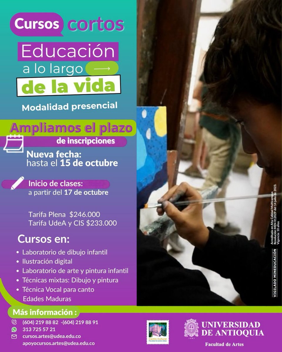 artesudea's tweet photo. 🔔¡Ampliamos el plazo de inscripciones!

🗓️Fechas de inscripción: hasta el 15 de octubre
✨Inicio de clases: a partir del 17 de octubre
💵Tarifa Plena $246.000
💲Tarifa UdeA y CIS $233.000

Modalidad: Presencial

🔗 Consulta la oferta completa en:
https://t.co/qXaOa0RAho https://t.co/OSd7x28Nps