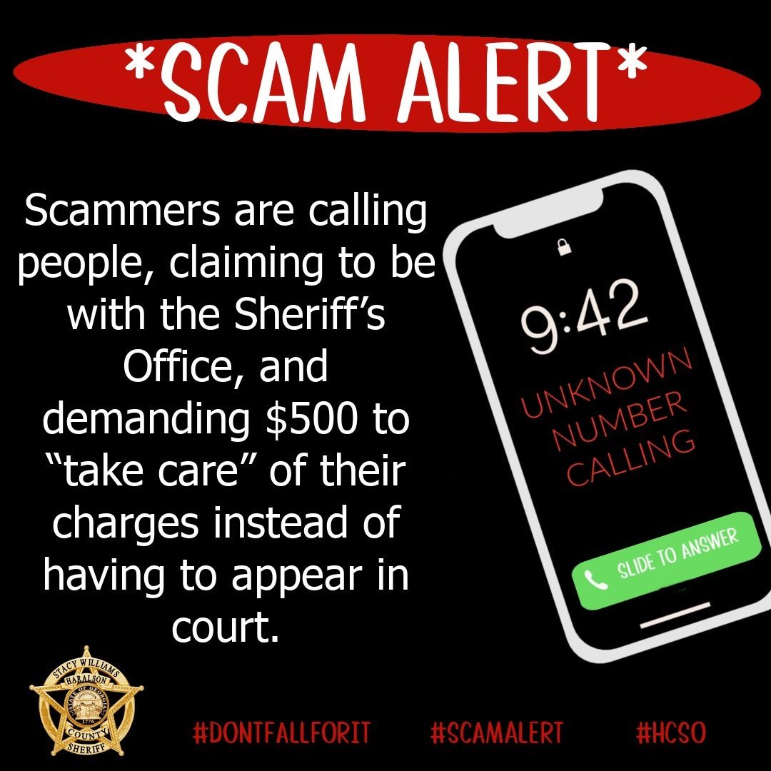 HaralsonSheriff's tweet photo. Watch out for unknown numbers calling, claiming to be with the Sheriff’s Office. If they ask for money to “take care” of a warrant or charge, hang up! The courts do NOT work this way. It is a scam!
#ScamAlert
#ItIsNotUs
#DontFallForIt
#HCSO https://t.co/IsO5n08EuA