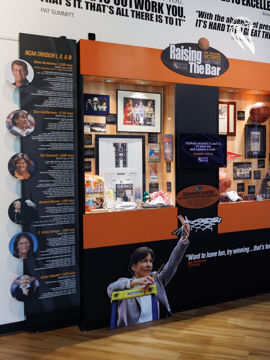 WBHOF's tweet photo. Happy #NationalCoachesDay 🏀

 Today we're celebrating the coaches who've done the near impossible: 1,000 wins. From high school gyms to college arenas, 'Raising the Bar: 1,000 Wins' honors the leaders who built programs, shaped players, and changed the game at every level. Come see this exhibit in person at the Women's Basketball Hall of Fame.