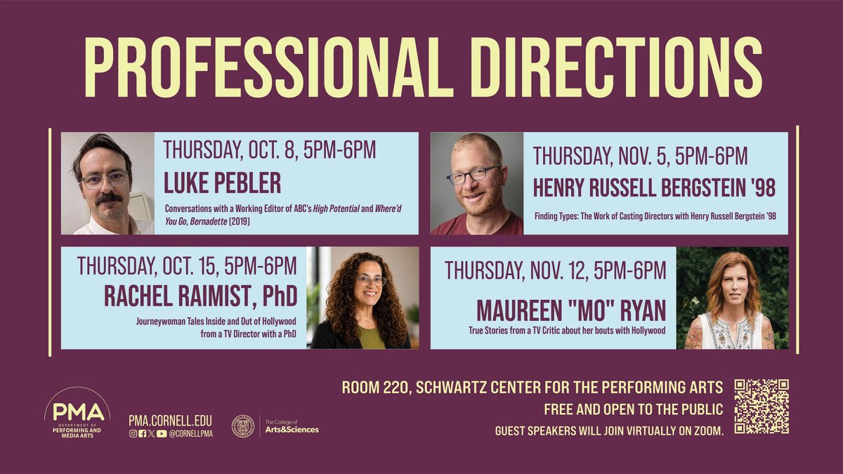 CornellPMA's tweet photo. Join PMA for a series of four Professional Directions events: film and television editor Luke Pebler documentarian and  director Rachel Raimist, Ph.D.casting director Henry Russell Bergstein '98, and television critic Maureen "Mo" Ryan.
Learn more: https://t.co/e7dKLYugJJ https://t.co/Z26GTAh9Z5