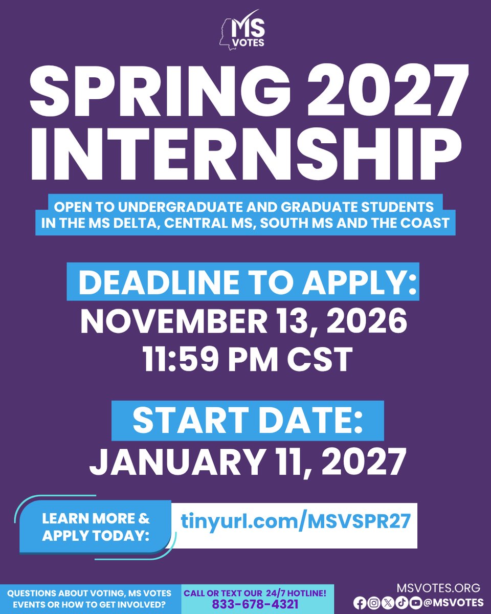 MSVotes's tweet photo. Looking for a spring internship where you can learn, grow, and make an impact right here in Mississippi? 💜

Mississippi Votes is now accepting applications for our Spring 2027 Internship Program! l

Ready to join us? Apply today at https://t.co/ar7v1uxu5r

#MSVotes #Up2Us https://t.co/5e68kdeIvt