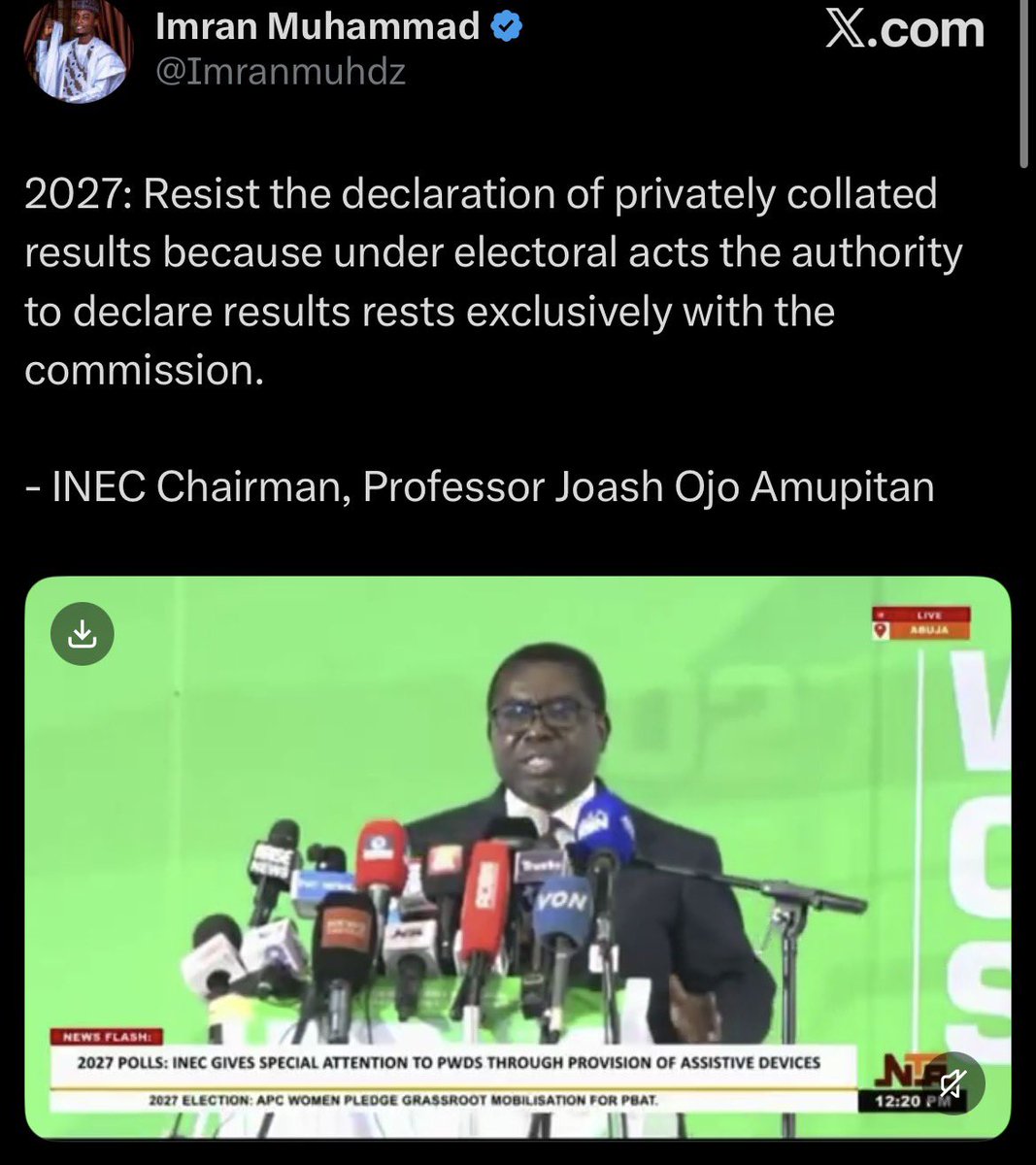 VictorManjul's tweet photo. After Mahmood used IReV and BVAS to play us in 2023, Nigerians have said NEVER AGAIN.

We all saw the drama INEC put us through. 

The same IReV portal that was supposed to build trust became the very reason we questioned that trust when it failed under load.

Because INEC failed, Nigerians stepped in big time 🤷‍♂️

NEIS has launched a Civic Agent Network to Broadcast results in real-time, side-by-side with IReV, with the presiding officers' names attached.

A coalition of CSOs launched iReportINEC An independent platform where citizens themselves can upload and verify polling unit results if IReV fails "as it always does."

Another civic platform, @CitizenMonitors. Lunched for election monitoring and evidence, where citizens can upload photos and videos of result sheets and incidents, tagged with time and location, so the public can see polling unit data without waiting for INEC's official collation.

Another one, @SmartBallotApp. A digital app to register, organize and track elections in real-time from polling units. 

It also serves as a parallel check on official results, uploading result sheets and acting as digital polling agents so 2023 can never repeat itself.

NB: NONE of these platforms claims they’ll announce final results o, INEC will still do that. 

They are only there to ensure a TRANSPARENT process.🤷‍♂️

So I ask:

Why is the establishment jittery?

Why is Amupitan shaky?

Why is he afraid of transparency?

Why are you afraid of citizens having their own copy of the results?

If there is no plan to rig, why attack tools that promote transparency?

If they can build a parallel system to rig, we will build parallel SYSTEMS to expose rigging.

Shege barawo 😂

Criminals in power 

#TINUBUMUSTGO