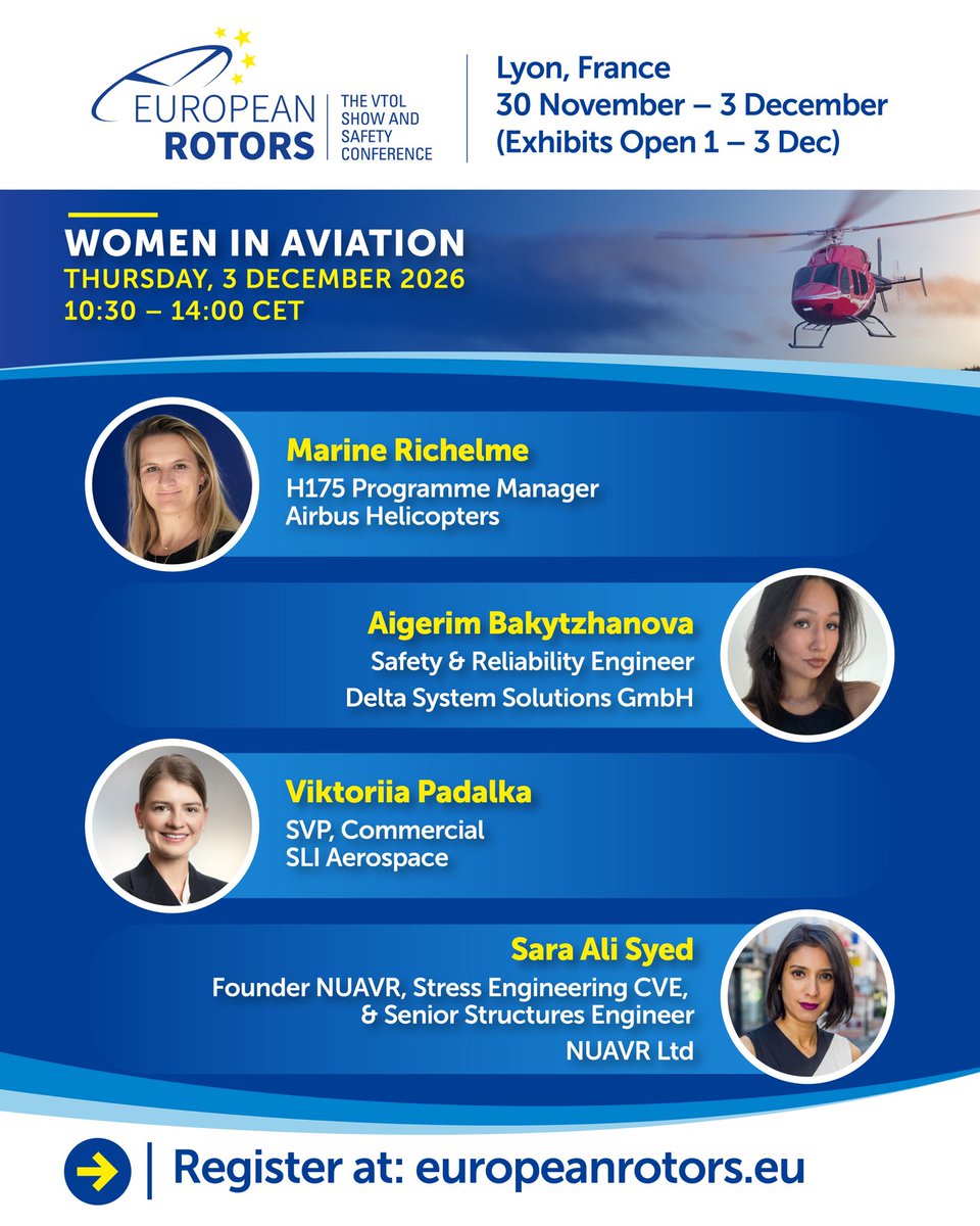 EuropeanRotors's tweet photo. Join us at #EUROPEANROTORS for Women in Aviation!

 🗓️ Dec. 3 | 🕐 10:30 AM | 📍 Stage 1

 Save your spot: https://t.co/CDt1gn21ZY
 
#WomenInAviation #AviationSafety 

@eha_heli https://t.co/PYWOeqZOBh