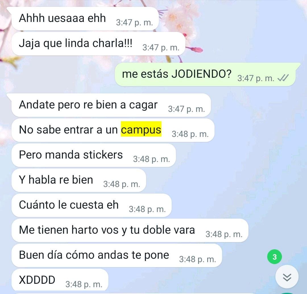 zephyrxnthes's tweet photo. borrando archivos me encontré con ésta captura de cuando uno con el que salía me hizo un quilombo bárbaro porque ayudé a un compañero con el campus y después me mandó un mensaje diciendo BUEN DÍA para pedirme un pdf JSDGFJDF https://t.co/y2spatkm6q