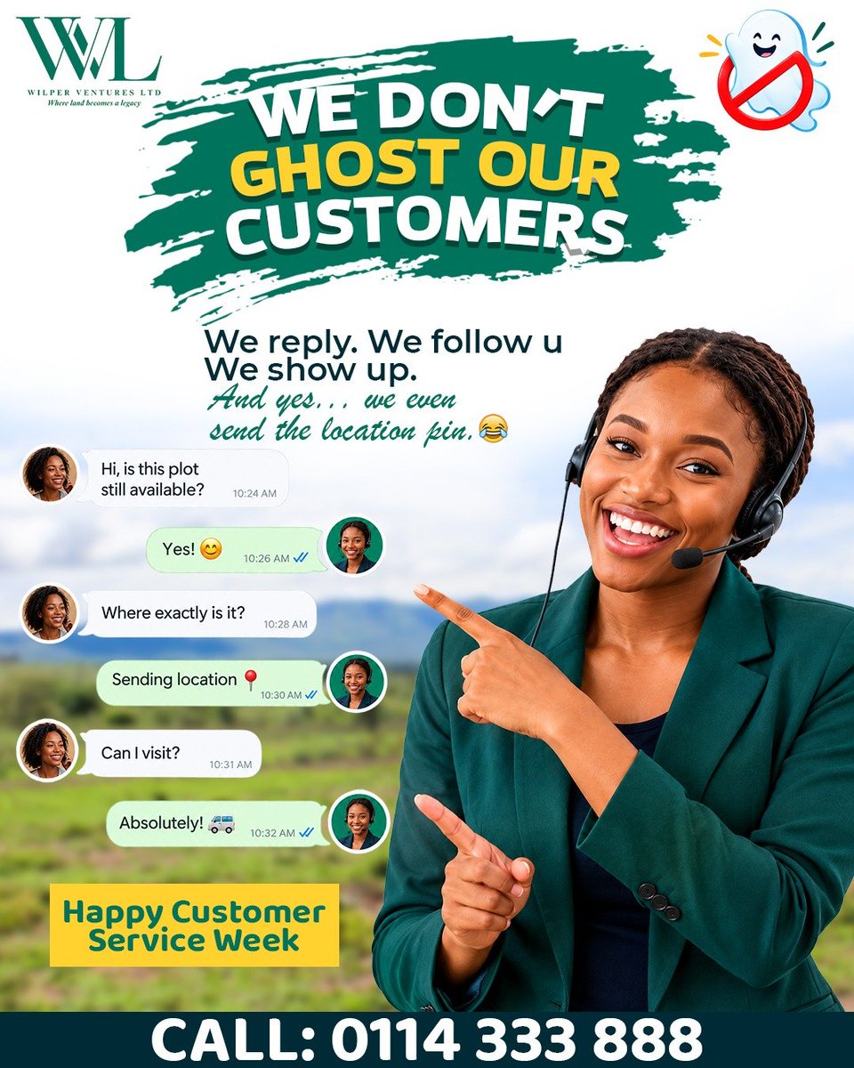 wilper_ventures's tweet photo. Ghosting belongs in horror movies, not your investment journey!
​At Wilper Ventures Ltd, we value your time and trust. 

​Happy Customer Service Week! 

​Call us today at 0114 333 888 and experience support that actually shows up! 

​#CustomerServiceWeek  #WilperVentures #Land https://t.co/9xziI6AGtw
