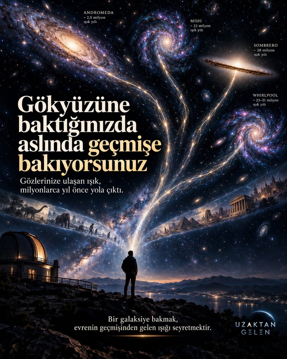 gelen_uzak25041's tweet photo. Gökyüzüne baktığınızda aslında geçmişe bakıyorsunuz.

Andromeda’nın bugün gördüğümüz ışığı, yaklaşık 2,5 milyon yıl önce yola çıktı. O sırada modern insan henüz yoktu.

Daha uzağa baktıkça zaman daha da geriye sarılıyor:
M101 yaklaşık 23 milyon, Sombrero Galaksisi 28 milyon, Whirlpool ise yaklaşık 23–31 milyon ışık yılı uzakta.

Yani teleskopta gördüğünüz şey, o galaksilerin bugünkü hâli değil.

Milyonlarca yıl önce oradan ayrılmış fotonlar, devasa kozmik boşlukları aşarak tam şu anda gözlerinize ulaşıyor.

Bir galaksiye bakmak, uzaya bakmak değildir sadece. Evrenin geçmişinden gelen ışığı seyretmektir.