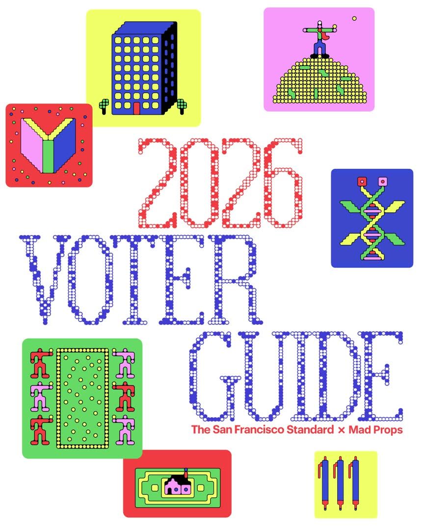 A colorful illustrated poster reading '2026 VOTER GUIDE' by The San Francisco Standard x Mad Props, featuring retro-style icons of buildings, a book, a DNA helix, a stadium, and ballot boxes.