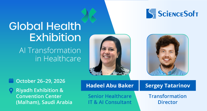 ScienceSoft's tweet photo. ScienceSoft will attend #GlobalHealthExhibition 2026 in Riyadh on Oct. 26–29.

Our focus: how healthcare organizations can move from isolated AI pilots to scalable, AI-enabled workflows with measurable clinical, operational, or financial value.

More here: https://t.co/rpnrGsNDas https://t.co/C4HhbqI8Jv