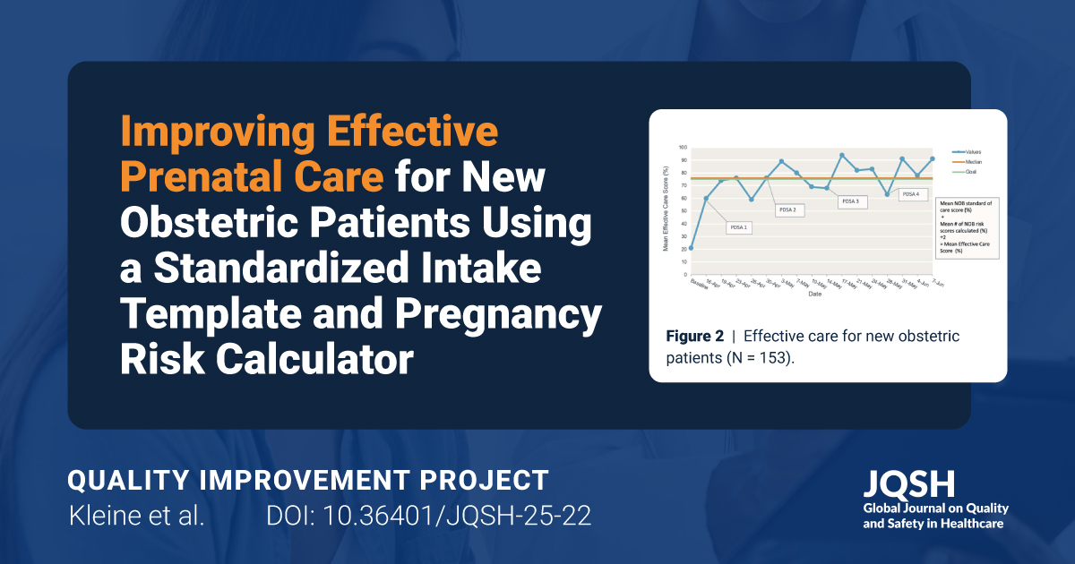 JQSHEditors's tweet photo. New #JQSH quality improvement project by Kleine et al. examines "Improving Effective Prenatal Care for New Obstetric Patients Using a Standardized Intake Template and Pregnancy Risk Calculator" https://t.co/lWioQmG57K #JQSH #healthcare #prenatal #patientcare @arjazieh @HasanAbidMD
