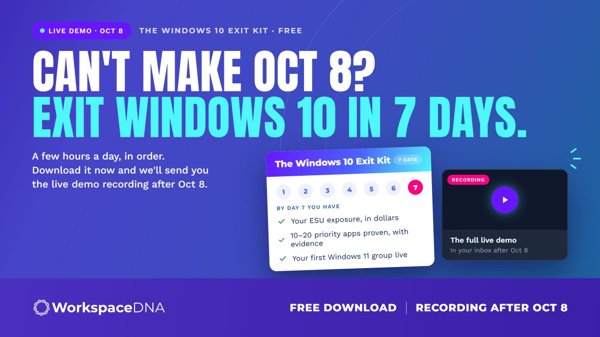 WorkspaceDNA's tweet photo. Nobody wants to go first on Windows 11 because nobody has proven the apps work.

Here's a 7-day kit that fixes that. Recording of the Oct 8 demo included.

→ https://t.co/vCwdvASmmD https://t.co/hPwO9dK2v1