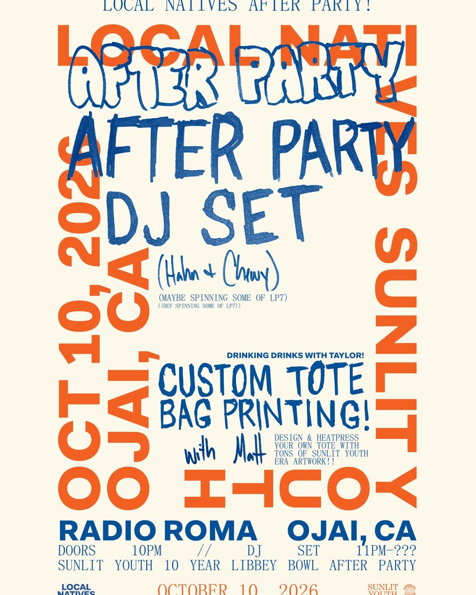 localnatives's tweet photo. After we play Sunlit Youth front to back at @LibbeyBowl, keep the night going at our after party at Radio Roma

DJ set from Hahn &amp; Chewy (Ryan &amp; Nik)! Design a custom tote bag w/ Sunlit era artwork, hand pressed by Matt! Drink drinks with Taylor! Dance with Locals! https://t.co/ZnjFhAkpic