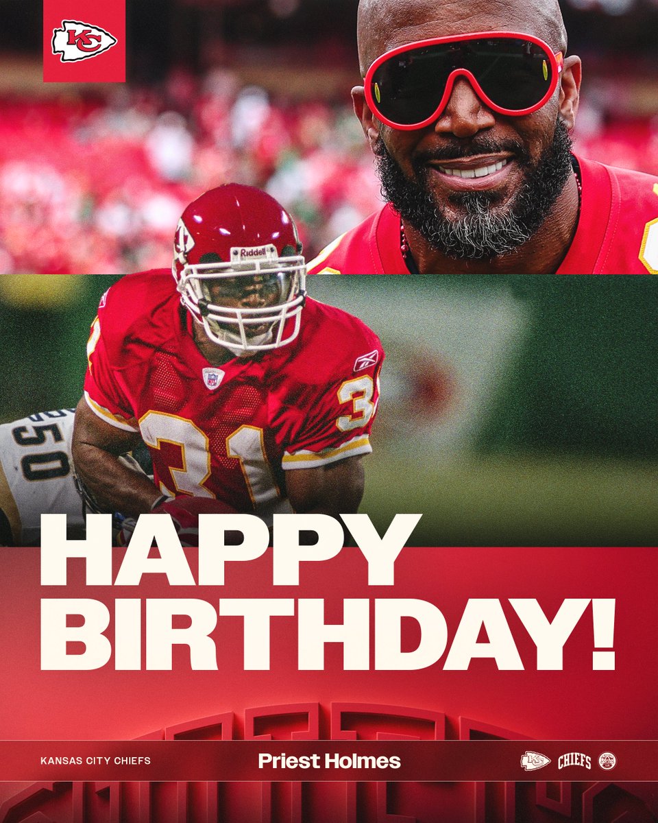 Chiefs's tweet photo. Happy birthday to our all-time rushing TD leader, Priest Holmes 🥳 https://t.co/Ax7ej4dAIL