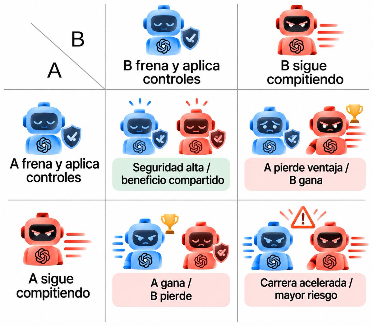 TAGACAT's tweet photo. La IA🤖 plantea un clásico dilema del prisionero: todos estarían mejor si las empresas y 🇨🇳🇺🇸 frenaran juntos la carrera por desarrollar modelos más potentes y/o peligrosos. Pero ninguno confía en que los demás harán lo mismo. 

Lo racional para cada uno es seguir aunque colectivamente sea la peor opción.