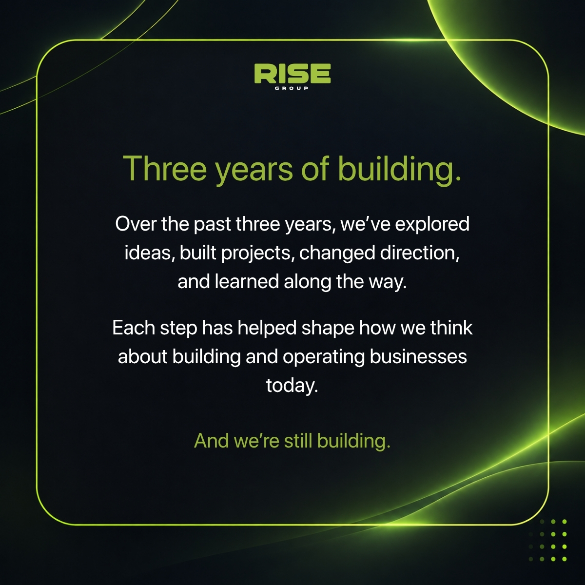 risegrp's tweet photo. Three years of building.

Over the past three years, we’ve explored ideas, built projects, changed direction, and learned along the way.
Each step has helped shape how we think about building and operating businesses today.

And we’re still building.

#RISEGroup #BusinessBuilding https://t.co/1W5Q8QscTS