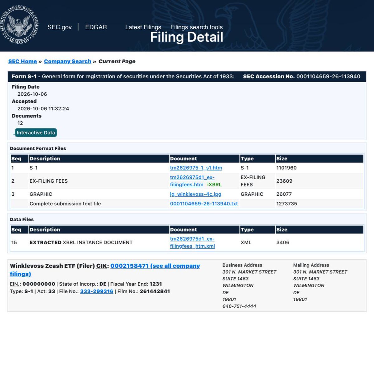 Cointelegraph's tweet photo. 🇺🇸 NEW: Winklevoss Zcash ETF files an S-1 registration statement with the SEC. https://t.co/V8lVviW0wT